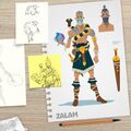Concept art for Zalam, showing an alternate design with a beard and ponytail